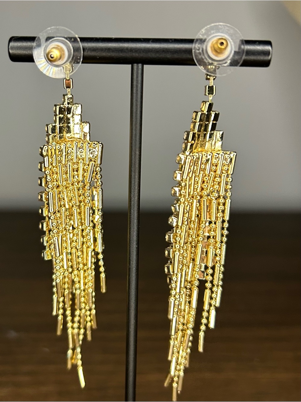 Alfani Gold Rhinestone Waterfall Fringe Chandelier Statement Earrings - Picture 5 of 5